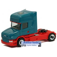 Herpa Scania Hauber 2004 Topline Zugm. 2achs vvsp. (blau-grün, Chassis rot) 1:87